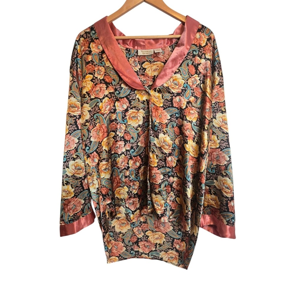 Vintage Victoria's Secret Gold Label Floral Paisley Pajama Top L Satin Hong Kong